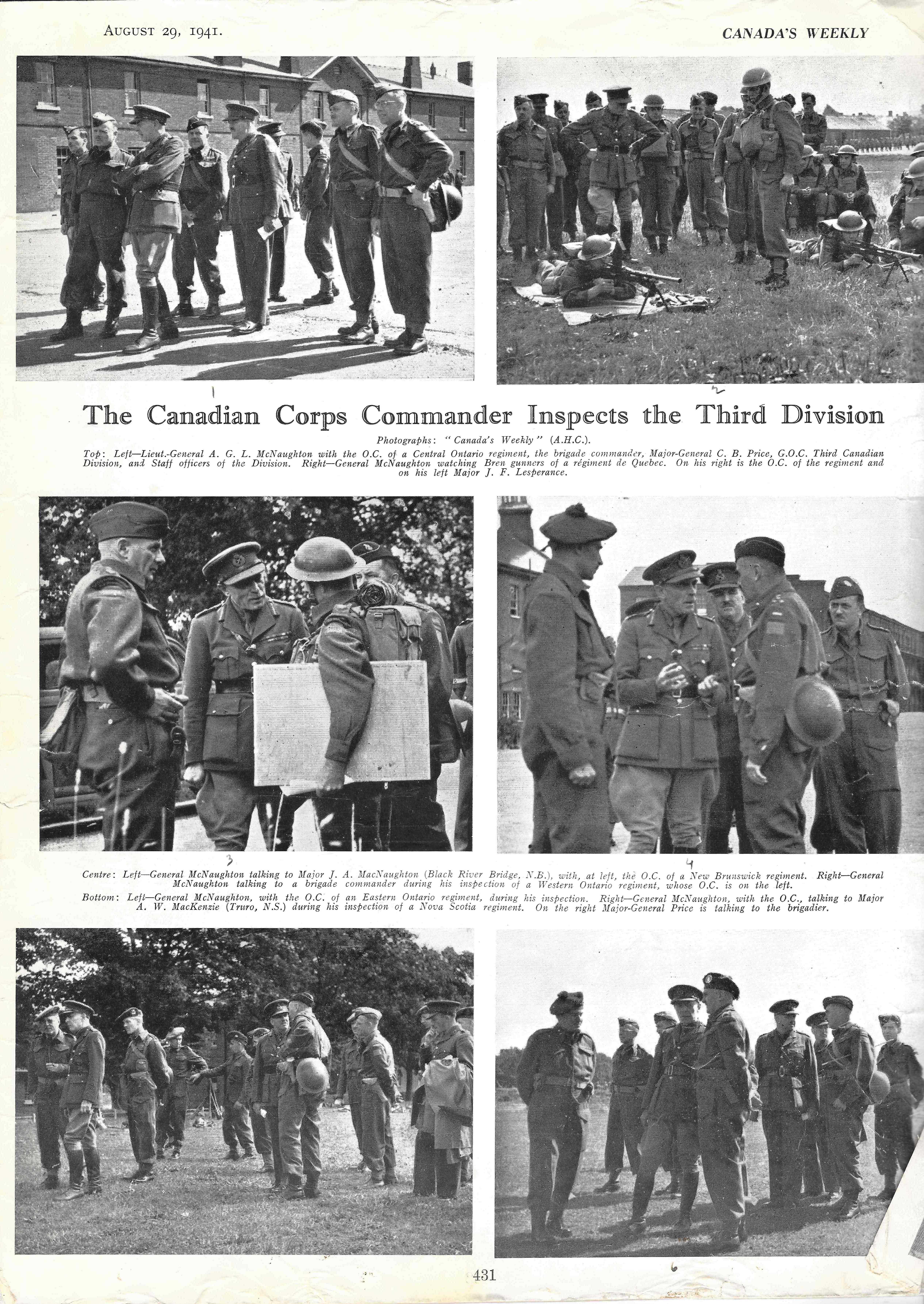 Une série de six photos noir et blanc montrant Andrew McNaughton en train d’inspecter diverses troupes canadiennes; on peut apercevoir Archie sur une photo de gauche, au centre. Les deux hommes semblent converser tout bonnement.